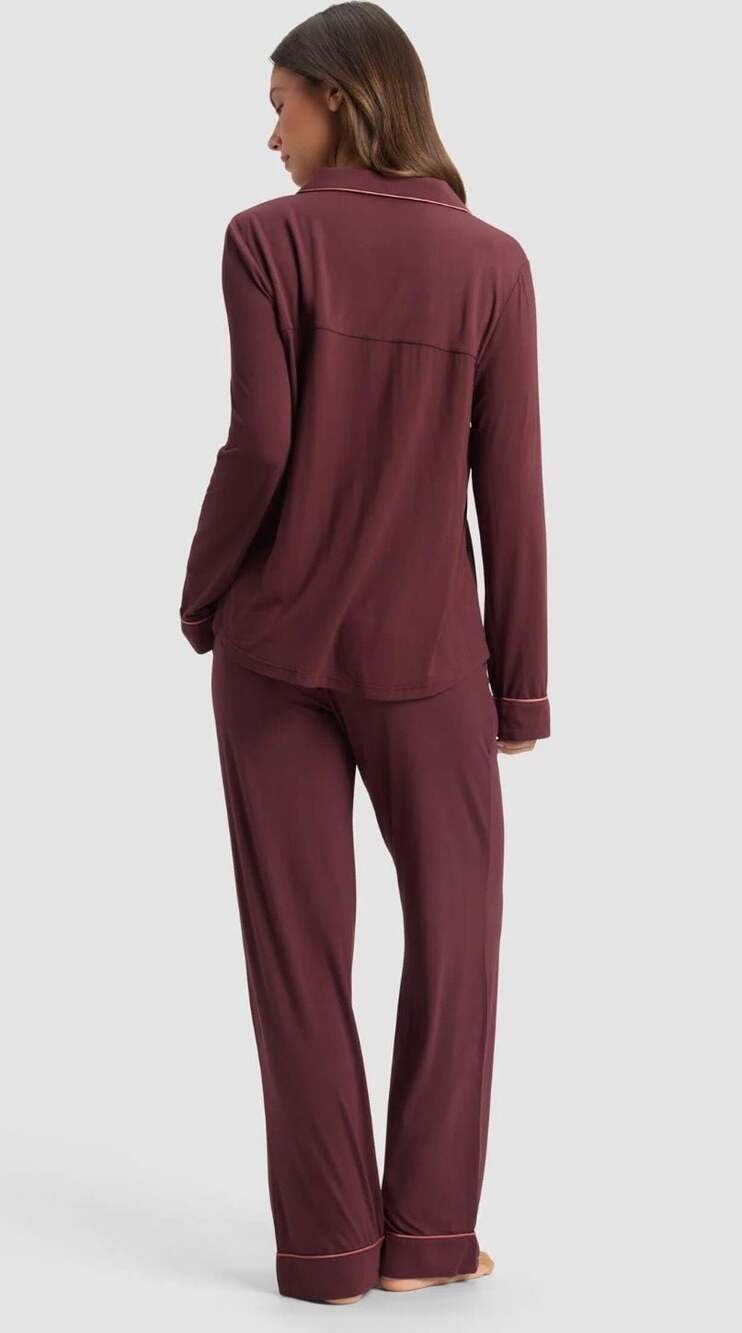 Cozy Earth Women's Bamboo Stretch-Knit Classic Pajama Set Burgundy Size XL - Picture 2 of 5